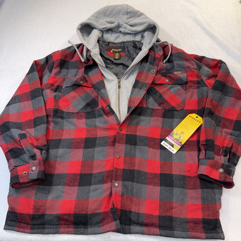 Stanley Mens XXL Red Buffalo Plaid Hooded Flannel Shirt Jacket Quilted Lined NWT